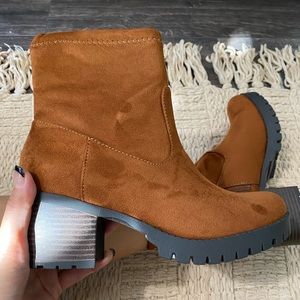 Caramel Faux Suede High Top Stack Block Heel Ankle Boot